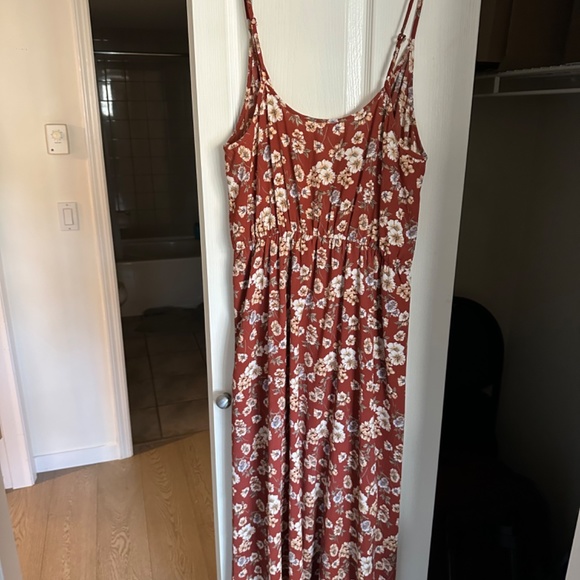 FLORAL Maxi Dress Rust V-neck wrap slit size L - Picture 3 of 4